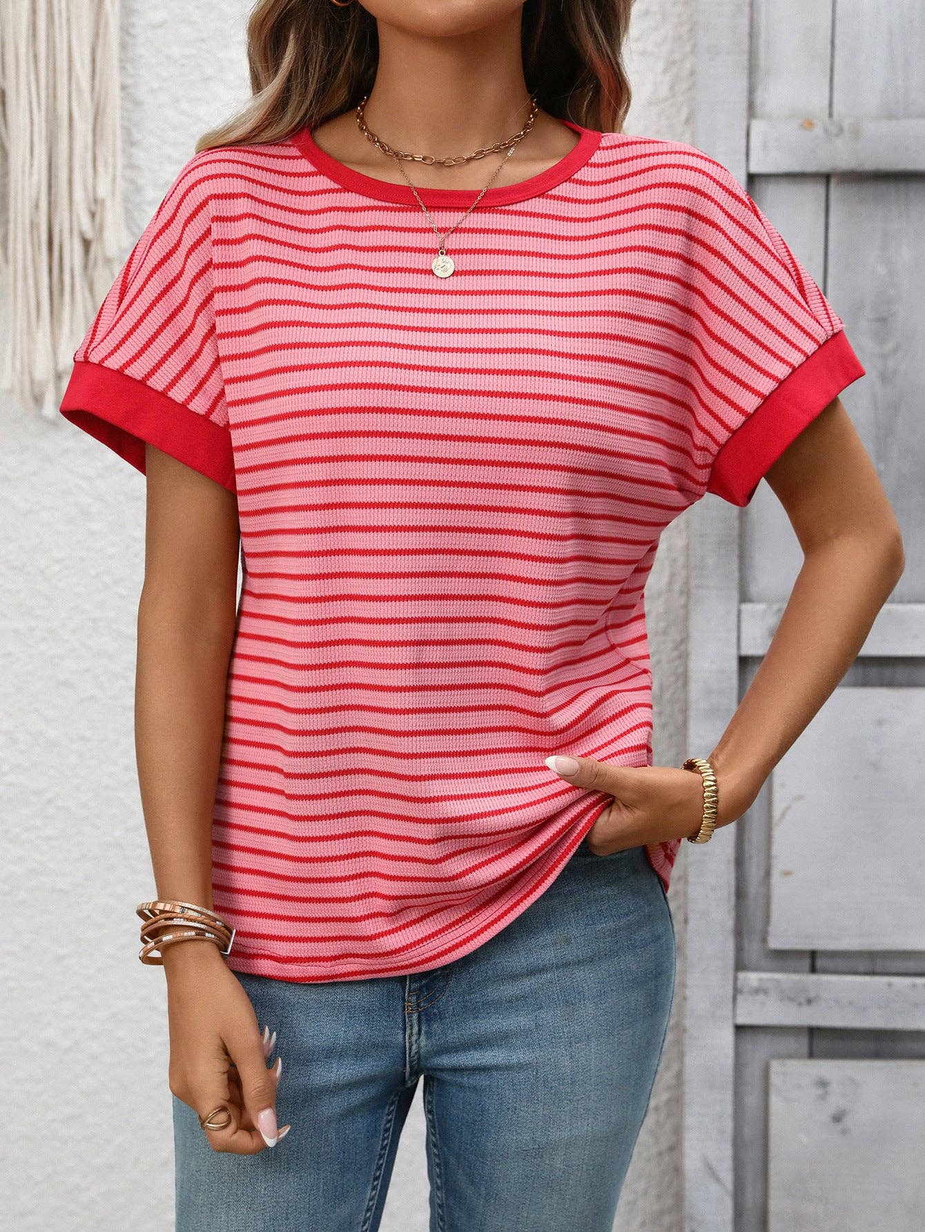 Striped Knit Tee Casual Oversized Boutique T Shirt: White / 65%Viscose+35%Polyester / XL