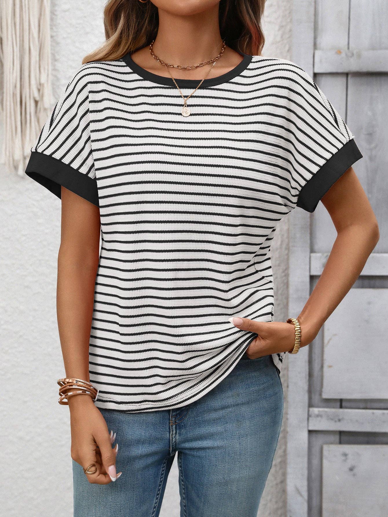 Striped Knit Tee Casual Oversized Boutique T Shirt: White / 65%Viscose+35%Polyester / XL