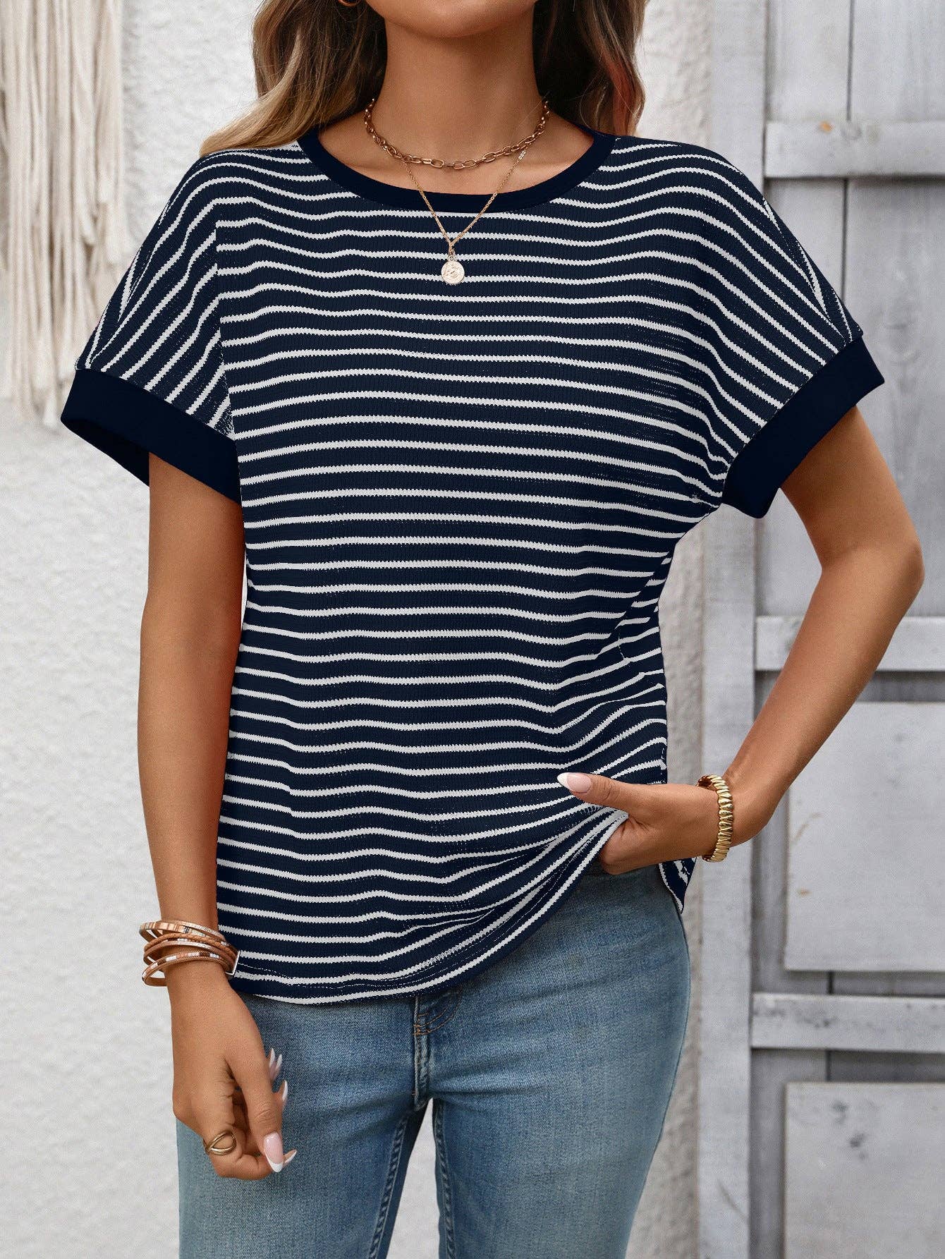 Striped Knit Tee Casual Oversized Boutique T Shirt: White / 65%Viscose+35%Polyester / XL