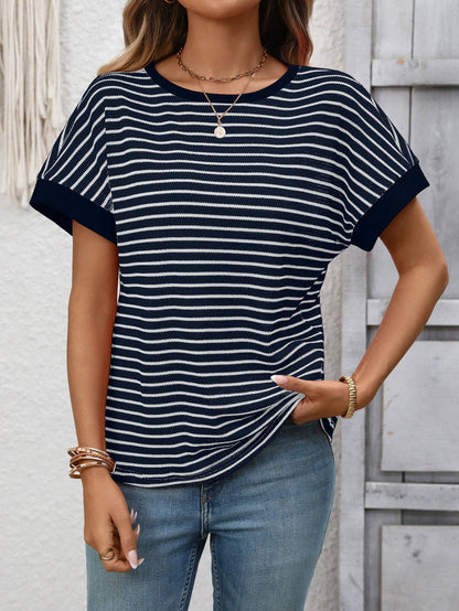 Striped Knit Tee Casual Oversized Boutique T Shirt: White / 65%Viscose+35%Polyester / XL