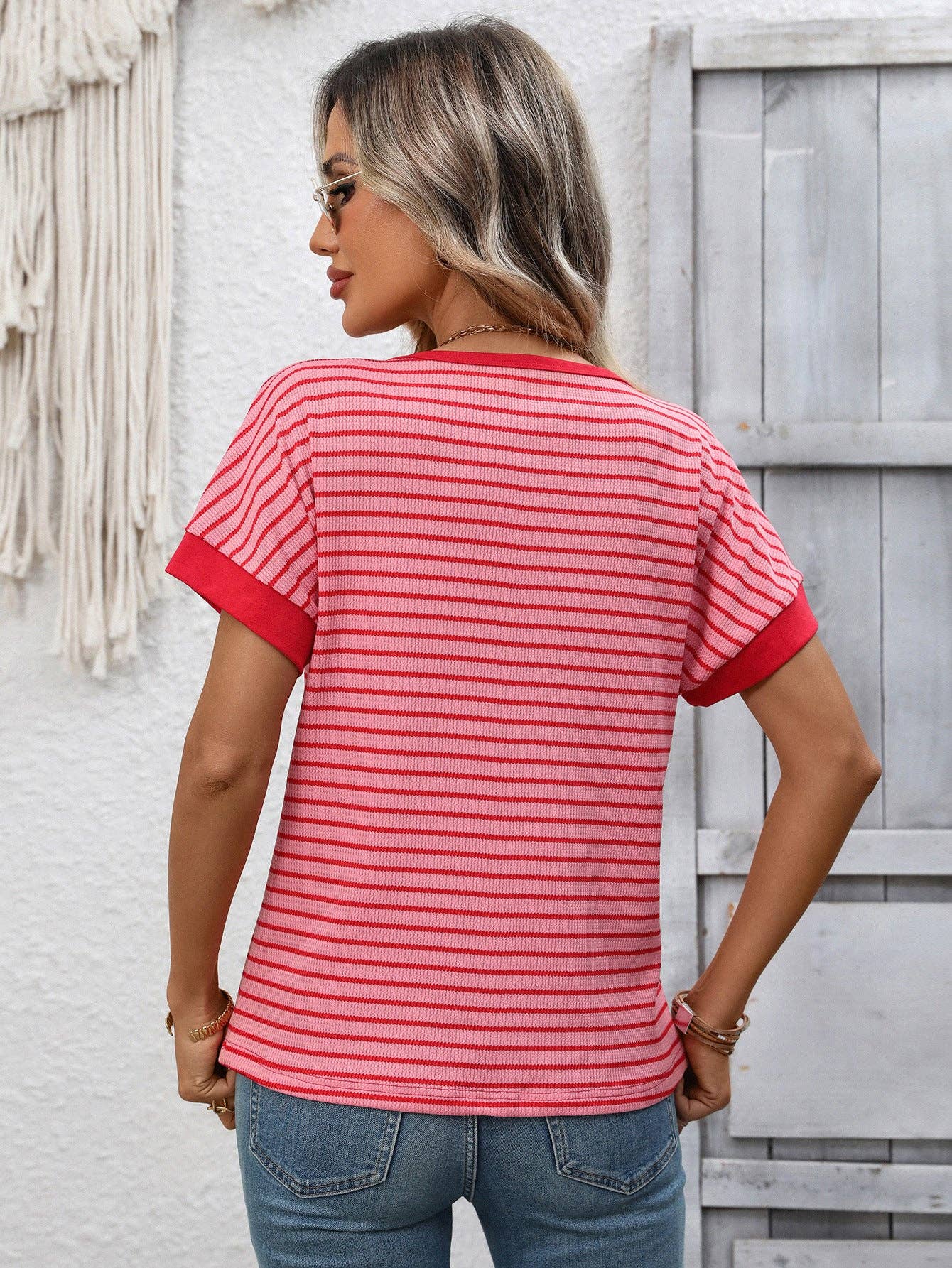 Striped Knit Tee Casual Oversized Boutique T Shirt: White / 65%Viscose+35%Polyester / XL