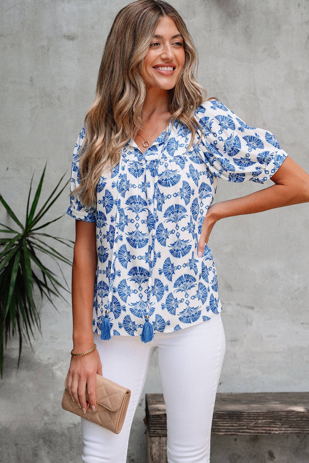 Sky Blue Geometric Print Tassel Drawstring V Neck Blouse: Sky Blue / 100%Polyester / S