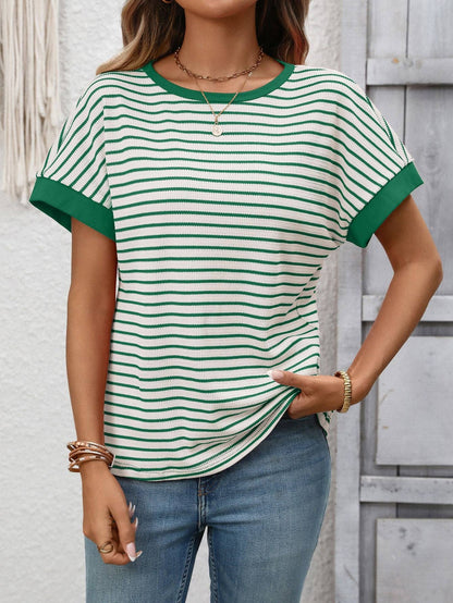 Striped Knit Tee Casual Oversized Boutique T Shirt: White / 65%Viscose+35%Polyester / XL