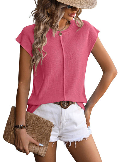 Crewneck Top, Knitted Chunky Needle Casual Sweater: Hot Pink / Acrylic 70% + 30% Nylon / L