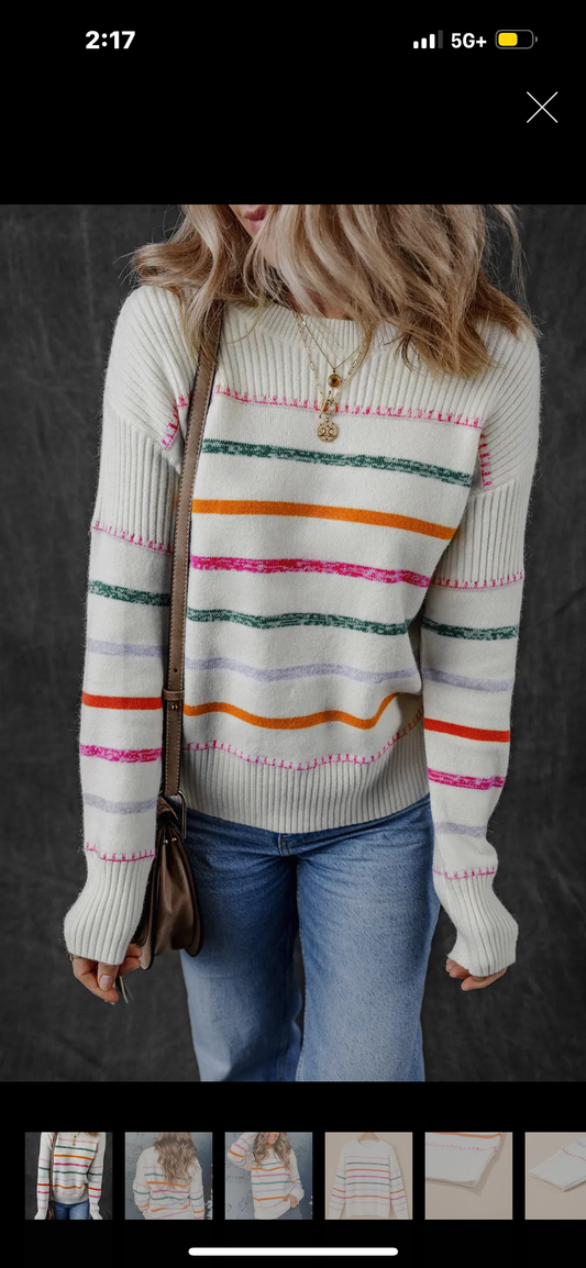 White Colorful Striped Sweater