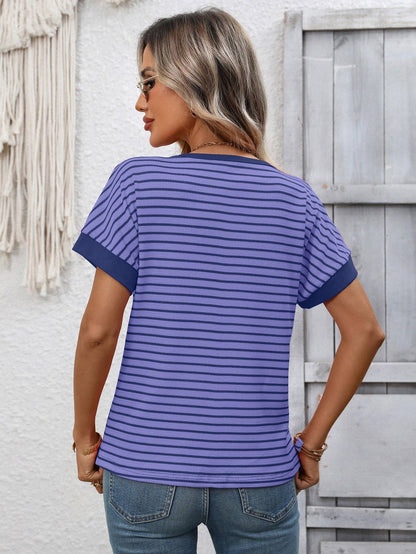 Striped Knit Tee Casual Oversized Boutique T Shirt: White / 65%Viscose+35%Polyester / XL