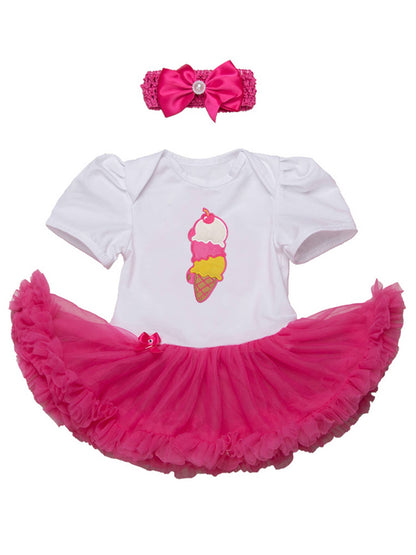 Fuchsia-White Ice-cream Romper Tutu Dress & Headband : 3-6 Months
