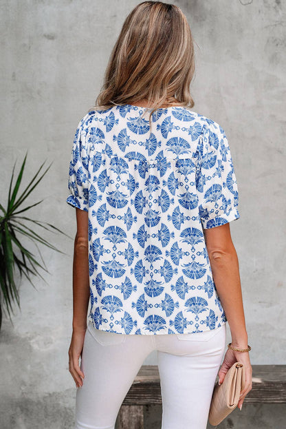 Sky Blue Geometric Print Tassel Drawstring V Neck Blouse: Sky Blue / 100%Polyester / S