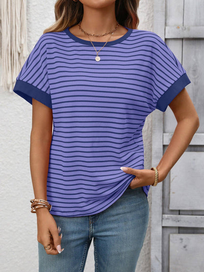 Striped Knit Tee Casual Oversized Boutique T Shirt: White / 65%Viscose+35%Polyester / XL