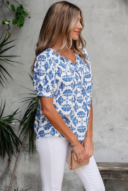 Sky Blue Geometric Print Tassel Drawstring V Neck Blouse: Sky Blue / 100%Polyester / S
